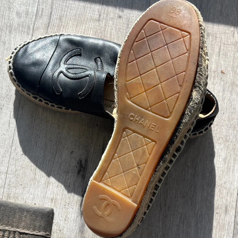 CHANEL Black Leather CC Espadrille Flats